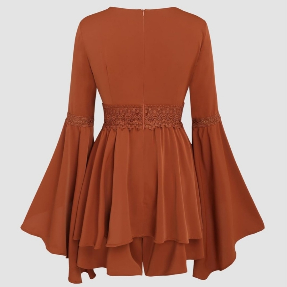 Cider Rust Trumpet Sleeve Romper Dress - Picture 3 of 6